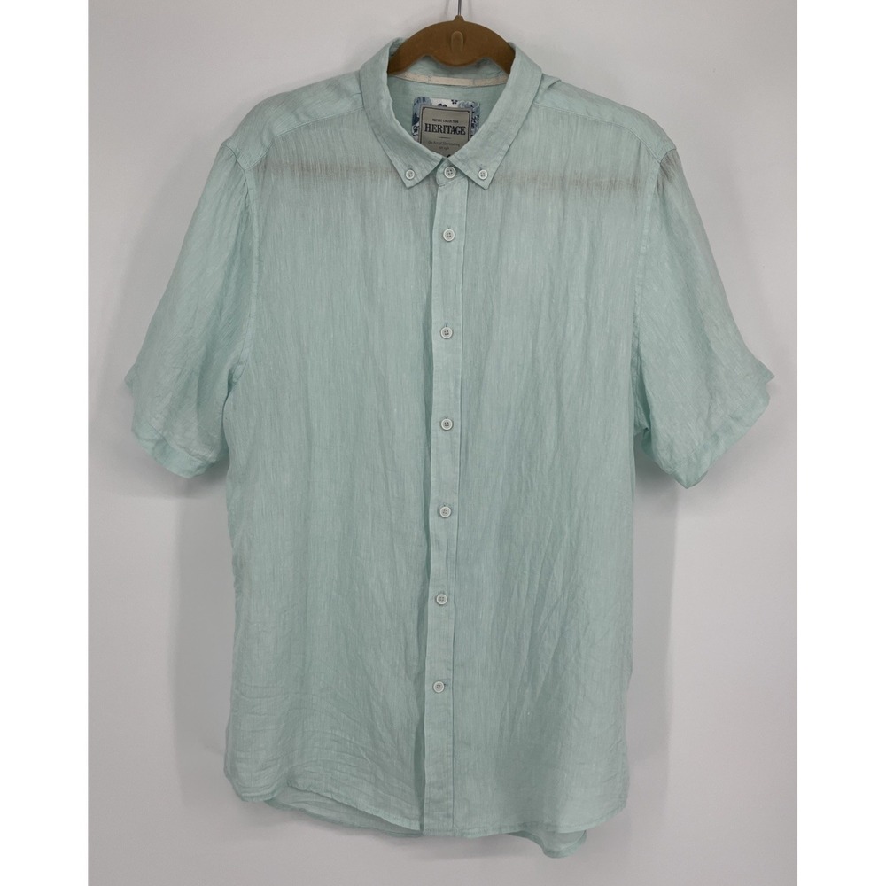 Heritage Men's XL 100% Linen Shirt Aqua Green Button Down Short Sleeve Coastal